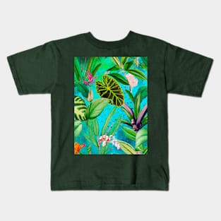 Stylish Tropical floral leaves and foliage botanical illustration, botanical pattern, tropical plants, aqua blue leaves pattern over a Kids T-Shirt